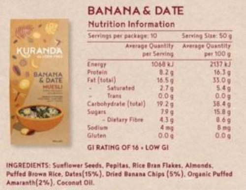 Kuranda Gluten Free Banana & Date Muesli Nutritional Information Panel