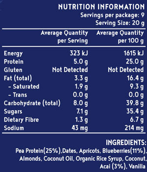 Gluten Free Protein Bites - Acai Berry 180g Nutritional Panel - Plant Based Goodness, Dairy Free, Wheat Free, Vegan