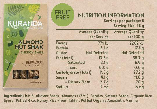 Kuranda Gluten Free Almond Nut Snax 5 Pack Energy Bars Nutritional Panel - Fruit Free, Wheat Free, Dairy Free, Low GI, Plant-Based Protein