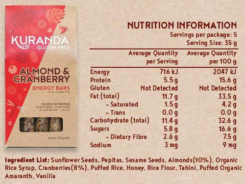 Kuranda Gluten Free Almond and Cranberry Energy Nutritional Panel - Wheat Free, Dairy Free, Low GI, Plant-Based Protein