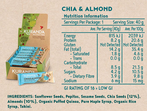 Kuranda Gluten Free Low GI Chia & Almond Snack Bar Nutritional Panel - Fruit Free, Low FODMAP, Vegan, Plant Based Goodness