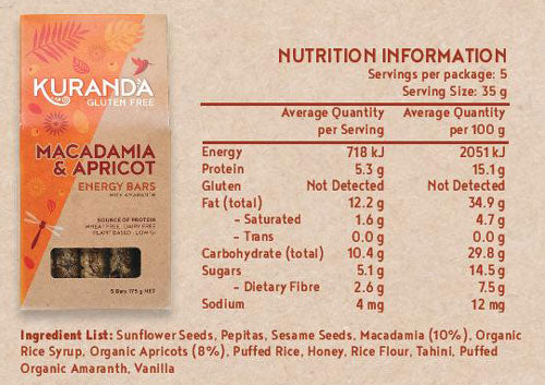 Kuranda Gluten Free Macadamia and Organic Apricot Energy Bar Nutritional Panel - Wheat Free, Dairy Free, Low GI, Plant-Based Protein