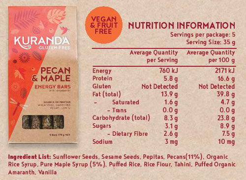 Kuranda Gluten Free Pecan and Maple 5 Pack Energy Bar Nutritional Panel - Vegan, Fructose Friendly, Fruit Free, Wheat Free, Plant-Based Protein, Delicious Muesli Bars