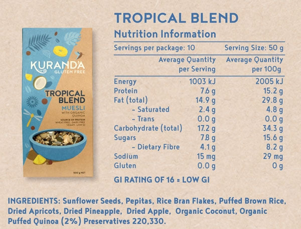 Kuranda Gluten Free Tropical Blend Muesli Nutritional Information